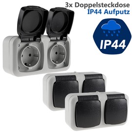 ChiliTec Surface-Mounted Socket, Pack of 3, Wet Room Sockets, 2-Way, Double Socket, IP44, Outdoor Socket, 250 V, 16 A, Hinged Lid, Pre-Wired, Grey, Anthracite