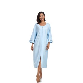 EA'S SECRET 100% Cotton Zipper Robes for Women 3/4 Sleeves Housecoat Lightweight Bathrobes Long Nightgown with Pockets, Light Blue, Medium