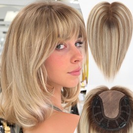 HAIRCUBE 100% Human Hair Topper for Women 7 * 7 Inches Large Coverage Ombre Blonde Mix Brown Hair Topper with Bangs for Women with Thinninghair Cover Gray Roots
