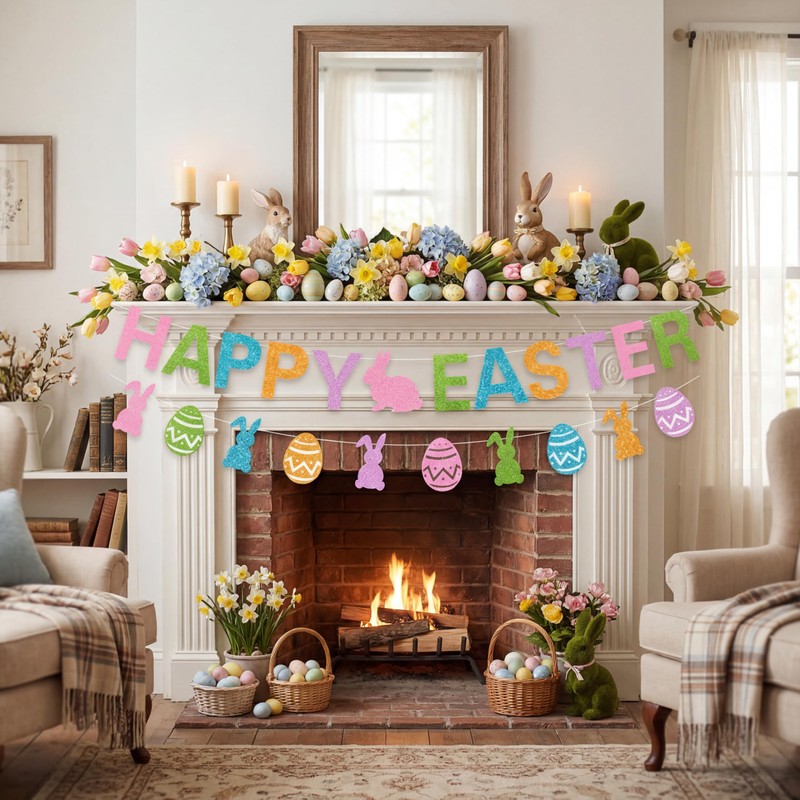 Easter Party Decorations Set – 2 Gold Glitter Banners &