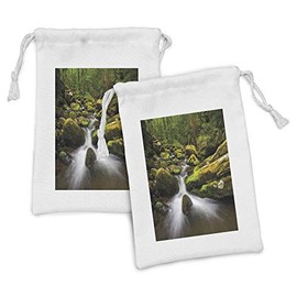 Lunarable Nature Fabric Pouch Set of 2, Deep down in the Forest with Stream by Mossed Rocks Jungle Park Landscape, Small Drawstring Bag for Toiletries Masks and Favors, 9" x 6", Fern and Army Green