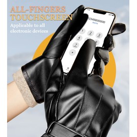 Winter Gloves Men's Leather Warm Thick Fleece Windproof Cold Protection Thermal Mittens Non-Slip Touch Sensitive Screen for Outdoor Driving Camping PU Leather (11), black