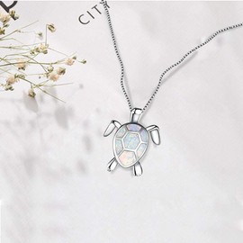 Hithop Cute Turtle Pendant Necklace Lovely Animals White Fire Opal Plated Silver Necklace Jewellery Gifts (White)