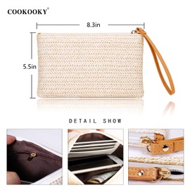 COOKOOKY Women's Straw Clutch Bag Bohemian Zipper Wristlet Summer Beach Sea Purse Wallets (Beige- White)