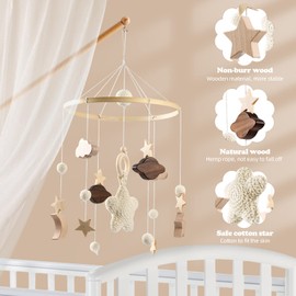Baby Mobile for Cot, Wooden Crib Mobile for Babies, Hanging Wind Chime with Clouds Stars, Baby Bed Hanging Mobile Crib Toys with Felt Balls, Nursery Decor for 0-12 Months Newborn Boys Girls (Star)