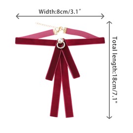 Elerevyo Women's Velvet Bow Brooch Tie Neck Band Ties Flatback Beads Decor One Size Red