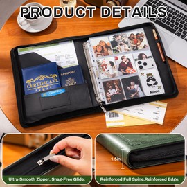 Ovesmusl 1 Inch 3 Ring Binder with Zipper, PU Leather Round Ring Binder Portfolio Holds 200 Sheets 8.5"x11" Letter Size Paper, Wedding Family History Notebook Cover Loose Leaf Organizer, Green Tree