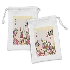 Lunarable Cherry Blossom Fabric Pouch Set of 2, Japanese Culture Themed Floral Sakura Branches and Birds Image, Small Drawstring Bag for Toiletries Masks and Favors, 9" x 6", Multicolor