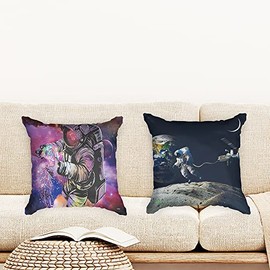Ulticool - Cushion Cover - Astronaut Over Earth Moon Rocket - Set of 2 Designs - 45 cm x 45 cm - Decorative Cushion without Filling - Cushion Cover Accessories for Sofa/Bed - Blue Purple