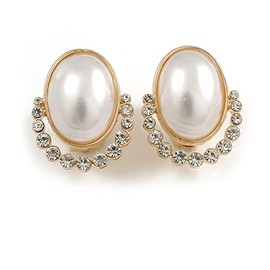 25mm Tall/Oval Faux Pearl Crystal Clip-On Earring in Gold Tone