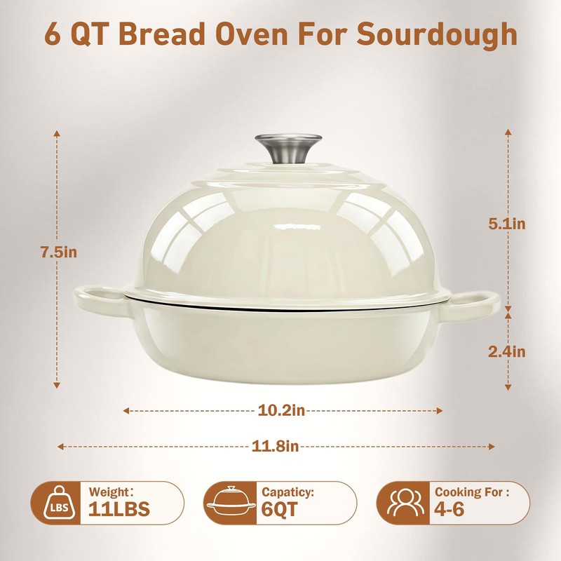 Cast Iron Dutch Oven with Lid, 6 Quart Enameled Bread