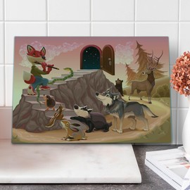 Lunarable Animal Cutting Board, Theme a Fox is Playing the Flute Deer Snake Beer Wolf and Squirrel Print, Decorative Tempered Glass Cutting and Serving Board, Large Size, Multicolor