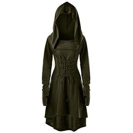 Womens Renaissance Costumes Hooded Robe Lace Up Vintage Pullover High Low Long Hoodie Dress Army Green