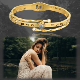 Flongo Women's Bracelet Stainless Steel Bracelet Women's Bangle BFF Chains with Roman Numerals Engraving Gold Golden Silver Elegant for Women, Metal
