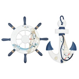 Meching Nautical Decor 2 Pack 13" Wooden Ship Wheel and Wood Anchor with Rope Nautical Boat Steering Rudder Wall Decor Door Hanging Ornament
