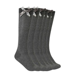J&A MARTS® 3 Pairs Girls Knee High School Socks, Cotton Socks With Fluffy Ribbon Bows Back to School Kids Uniform Party Wear Long Comfort Fit Stockings (UK 12-3, GREY)