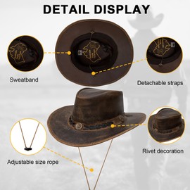 RiderVibe Cowhide Leather Hat for Men and Woman Cowboy Western Steampunk Hat Deadman Top Hat (Wheat Ear, Brown, L)