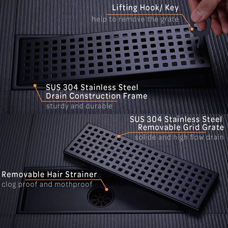 Orhemus Linear Shower Floor Drain with Removable Cover Grid Grate