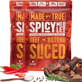 Made by True Beef Sliced Bites - All Natural,True Jerky Biltong - High Protein, Keto, Paleo & Whole30 Diet - Sugar-Free, Gluten-Free, Carb-Free, Snack Packs (Spicy Medley, 2 Ounce (Pack of 2))