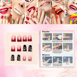 Rchovsam Duckbill Shape Nails Press on Medium Length Fake Nails Leopard Print French Design False Nails Red Black Stick on Nails for Women 24pcs