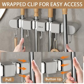 5PCS 4 Racks and 5 Hook Broom Mop Holder with Hooks Wall Mounted Broom Storage Rack No Drilling Self-Adhesive Mop Broom Organizer Mop Holder Hanger for Bathroom Office Kitchen Closet Garage (5, Gray)