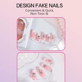 Press on Square Nails Medium Glossy Full Cover Acrylic French False Nails with Star Glitter Designs Artificial Square Shaped Fake Nails with Charm Glue ons Nails Stick on Fingernails for Women Girls