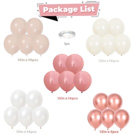 Isndare Pink White Balloons Rose Gold Blush White Balloon 60pcs 12inch Latex Helium Balloons Beige Retro Pink Nude Pearl White Sand Balloons Neutral Birthday Party Decorations Bride Wedding Boho DIY Supplies