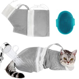 Cat Bag for Bathing Set with Cat Grooming Washing Bag Adjustable Pet Shower Brush - Cat Bathing Mesh Bag Anti Scratch Anti Bite Soft Durable for Cats & Dogs Restraint Grooming Nail Trimming Washing