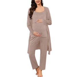 SWOMOG Maternity Nursing Robe Set 3 PCS Postpartum Pajamas Breastfeeding Labor Delivery with Robe & Camisole & Pants Ecru Large