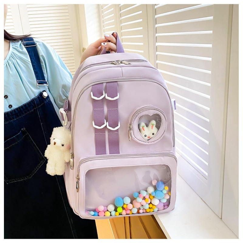 TomnuK Kawaii Backpack with Kawaii Bear Pandent (Purple)