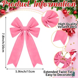 24 Pcs Christmas Velvet Bows 5 x 7.9 Inch Rustic Velvet Christmas Tree Bows Vintage Tree Ornaments for Xmas Holiday Garland Home Decor Wedding Outdoor Indoor Decoration(Pink Color)