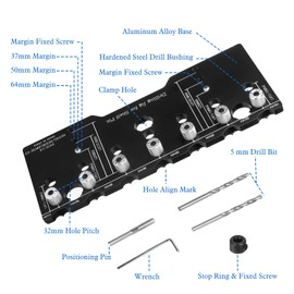 Umelee Shelf Pin Drilling Template System 32mm Adjustable Shelf Pin Gauge for Drilling 7pcs 6.35mm Holes Drilling Jig Aluminum Alloy Drill Guide for Shelves Cabinets