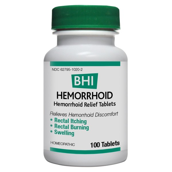 BHI Natural Hemorrhoid Relief Soothes Burning, Swelling, Itching, Rectal Pain & Discomfort 8 Maximum Strength Homeopathic Active Ingredients Ease from The Inside for Women & Men - 100 Tablets