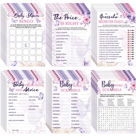 Jetec 302 Pcs Butterfly Theme Baby Shower Games, 6 Games, 50 Sheets Each, Baby Shower Bingo, Baby Word Scramble, Baby Word Search, Baby Predictions and Advice, The Price is Right, Guess Who