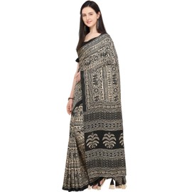 EthnicJunction Women's Khadi Silk Cotton Kalamkari Print Saree With Blouse Piece (Beige & Black), Black & Beige, 5.5 Mtrs