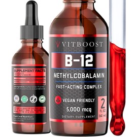 VITBOOST Vegan Liquid B-12 Drops – 60 x 5000 mcg Extra Strength Raspberry Flavored Vitamin B12 Liquid Methylcobalamin sublingual Supplement | Designed to Maximize Absorption & Energy | Gluten Free