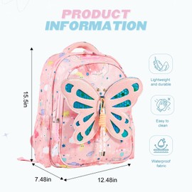 Cute Butterfly Backpack for Girls Kids School Backpack for Girls Kawaii Preschool Elementary Kindergarten,Light Purple Color,Large Capacity,16 Inch