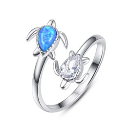 PRAYMOS Blue Opal Ring 925 Sterling Silver Turtle Ocean Summer for Women Daughter Sea Jewelry Gift