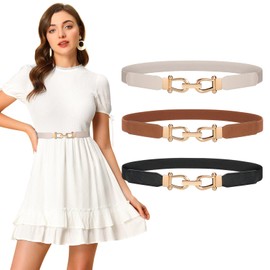 LEACOOLKEY 3 Pack Women Skinny Elastic Belt for Dresses,Thin Retro Stretch Waist Belt with Golden Buckle Black+Brown+Beige,Fit waist size 27"-32"