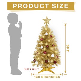 Sunshine Champagne Christmas Tree with Light 3ft Artifical Full Christmas Tree with Christmas Ball & Star Onaments Xmas Tree for Holiday Decor