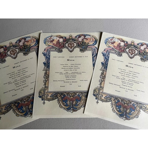 RMS LUSITANIA FIRST CLASS MENU, BEAUTIFUL REPRINT, REPLICA, HIGH QUALITY!