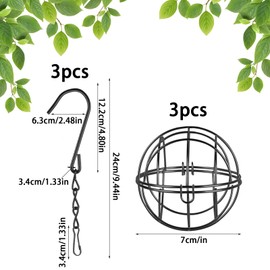 3 Pcs Spherical Bird Feeders Set, Fat Ball Feeders with S-Shaped Hooks, Hanging Fat Ball Bird Feeders, Black Metal Fat Ball Bird Holders for Outdoor Garden, Wildlife Birds, Finch, Sparrow, Robin