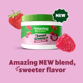 Amazing Grass Sweet Greens and Superfoods Powder for Digestive Health, Greens Powder, Digestive Enzymes, Probiotics, Spirulina, Chlorella, Summer Berry, 30 Servings