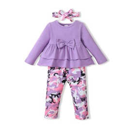 XUANHAO Baby Girl Fall Winter Clothes - Long Sleeve Ruffle Top Camouflage Pant Set for 12-18 Month 1 Year Old - Purple