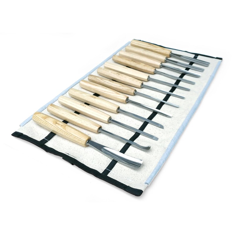 Professional 12 Piece Wood Carving Set with Rollup Canvas Case