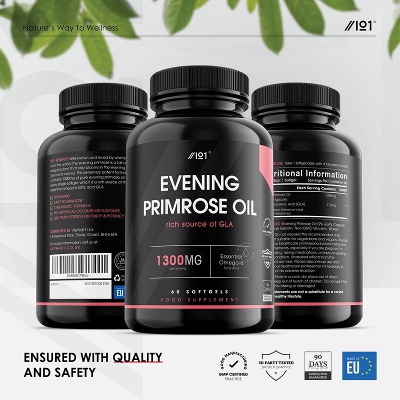 Evening Primrose Oil 1300mg | 60 Capsules | Cold-Pressed Rich