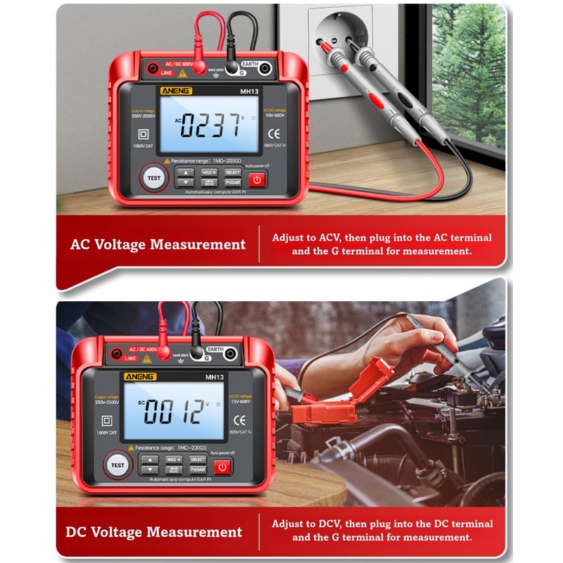 Generic MH13 1MΩ-200GΩ Megohmmeter, 250V-2500V Insulation Resistance Tester, 10V-600V AC/DC