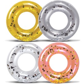 POZA 4 Pack Inflatable Pool Floats for Kids - Sparkling Confetti-Filled Swimming Rings Floating Tubes in Pearl, Gold, Silver, and Rose Gold; Kids Pool Float Toys for Beach, Lake, Pool Party - 23 inch