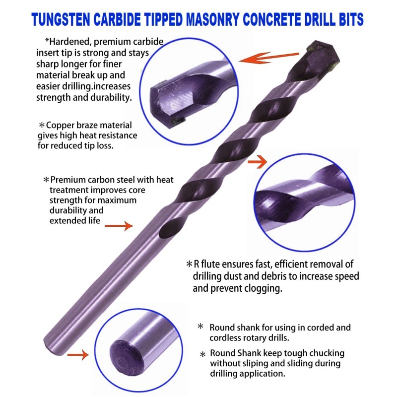 HF 3/16" Masonry Drill Bit Carbide Tip Black/White Drill Concrete