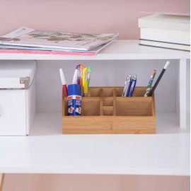 Relaxdays Schreibtischorganizer Bambus, Stifteköcher, 10 Fächer, natürliche Maserung, HxBxT: 10 x 23 x 10 cm, natur